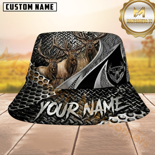 Maxcorners Elk Hunting Silver Black Diamond Plate Metal Personalized Name 3D Bucket Hat