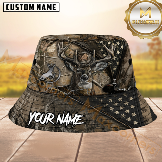 Maxcorners Deer Hunting Real Tree Camo Zipper US Flag Personalized Name 3D Bucket Hat