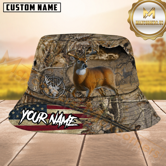 Maxcorners Deer Hunting Real Tree Camo US Flag Brim Personalized Name 3D Bucket Hat