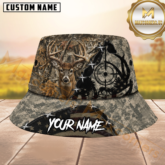 Maxcorners Deer Hunting Digital Camo Laced American Flag Personalized Name 3D Bucket Hat