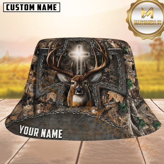 Maxcorners Buck Hunting Woodland Camo Christian Cross Barbed Wire Personalized Name 3D Bucket Hat