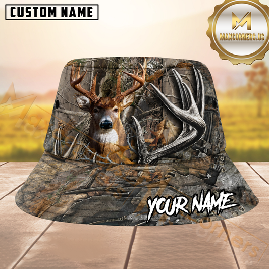 Maxcorners Whitetail Deer Hunting Woodland Camo Personalized Name 3D Bucket Hat