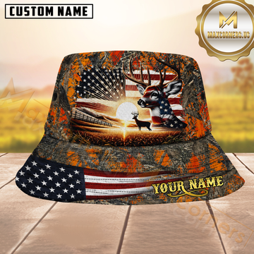 Maxcorners Whitetail Deer Hunting Blaze Orange American Flag Personalized Name 3D Bucket Hat