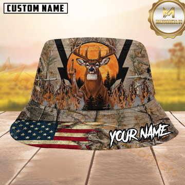 Maxcorners Whitetail Deer Hunting Patriotic Woodland Camo Personalized Name 3D Bucket Hat