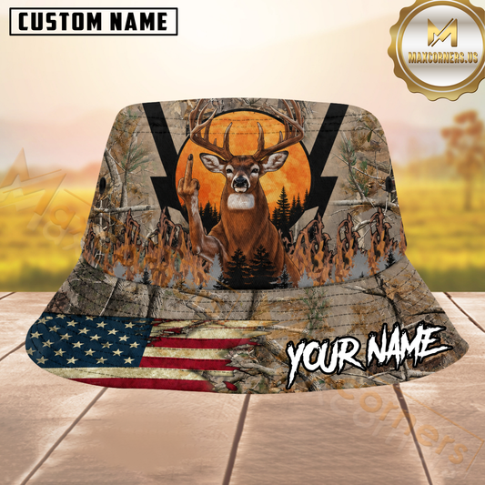 Maxcorners Whitetail Deer Hunting Patriotic Woodland Camo Personalized Name 3D Bucket Hat