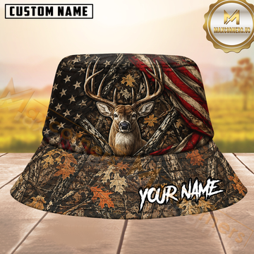 Maxcorners Buck Deer Hunting Autumn Woodland American Flag Personalized Name 3D Bucket Hat