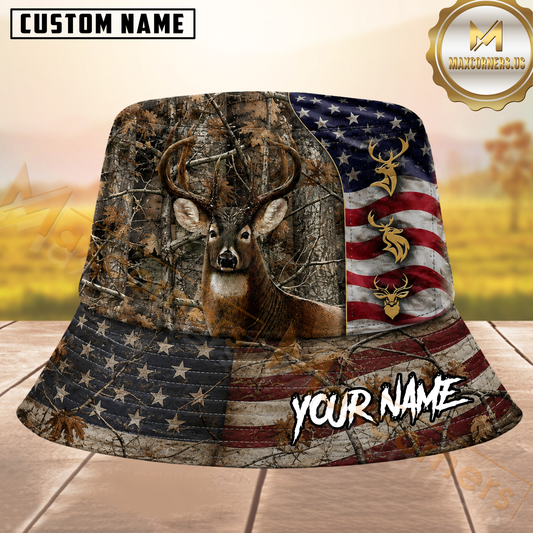 Maxcorners Whitetail Deer Hunting Vintage USA Flag Camo Personalized Name 3D Bucket Hat
