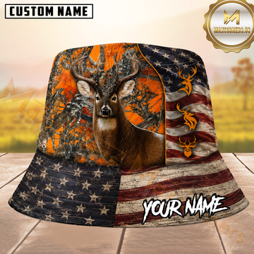 Maxcorners Whitetail Deer Hunting American Flag Woodland Orange Camo Personalized Name 3D Bucket Hat