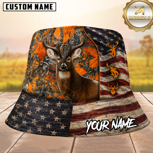 Maxcorners Whitetail Deer Hunting American Flag Woodland Orange Camo Personalized Name 3D Bucket Hat