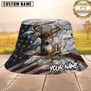 Maxcorners Whitetail Deer Hunting Snow Camo American Flag Personalized Name 3D Bucket Hat