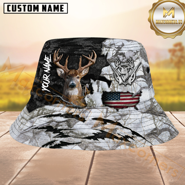 Maxcorners Whitetail Deer Hunting Black & White Snow Camo Personalized Name 3D Bucket Hat