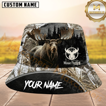 Maxcorners Bull Moose Hunting Snow Woodland Camo Personalized Name 3D Bucket Hat