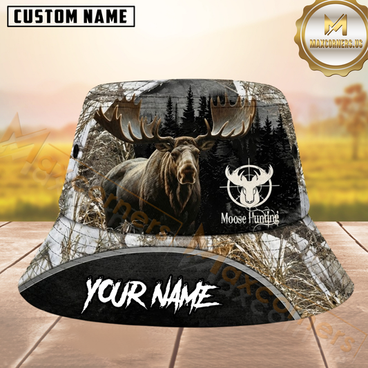 Maxcorners Bull Moose Hunting Snow Woodland Camo Personalized Name 3D Bucket Hat