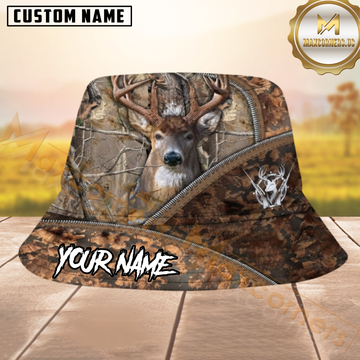 Maxcorners Whitetail Deer Hunting Woodland Camo Zipper Pattern Personalized Name 3D Bucket Hat