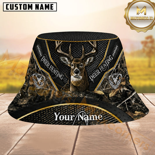 Maxcorners Deer Hunting Dark Camo Black Mesh Personalized Name 3D Bucket Hat