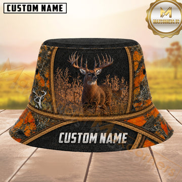 Maxcorners Deer Hunting Orange Camo And Black Leather Texture Personalized Name 3D Bucket Hat