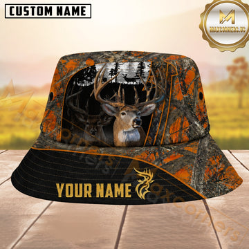 Maxcorners Whitetail Deer Hunting Orange Woodland Camo Black Gold Personalized Name 3D Bucket Hat