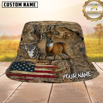 Maxcorners Whitetail Deer Hunting Brown Woodland Camo American Flag Personalized Name 3D Bucket Hat