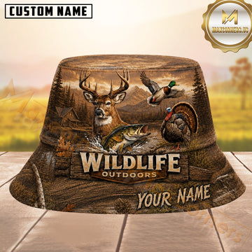 Maxcorners Wildlife Animals Hunting Brown Wooden Texture Personalized Name 3D Bucket Hat
