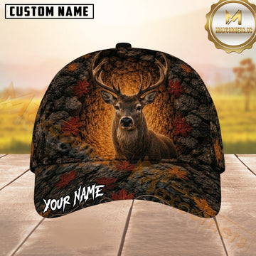 Maxcorners Hunting Black Brown Gray Deer Autumn Leaves Rocky Cave Customized Name 3D Cap