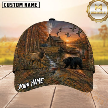 Maxcorners Hunting Wooden Cabin Deer Bear Duck Sunset Customized Name 3D Cap