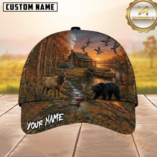 Maxcorners Hunting Wooden Cabin Deer Bear Duck Sunset Customized Name 3D Cap