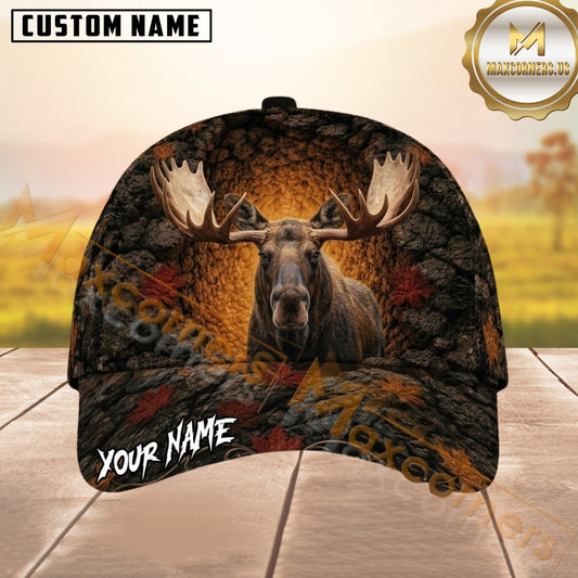 Maxcorners Hunting Black Brown Gray Moose Autumn Leaves Rocky Cave Customized Name 3D Cap