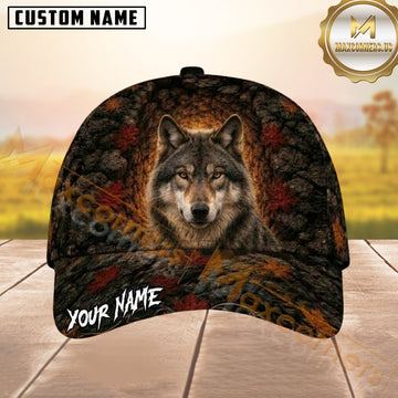 Maxcorners Hunting Black Brown Gray Wolf Autumn Leaves Rocky Cave Customized Name 3D Cap