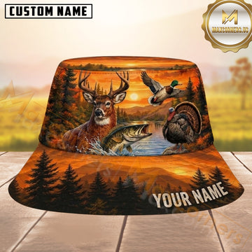 Maxcorners Hunting Orange Sunset Wildlife Forest Pattern Personalized Name 3D Bucket Hat