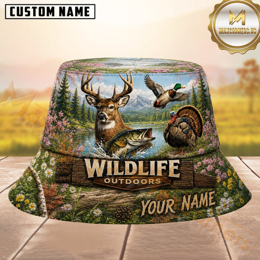 Maxcorners Wildlife Animals Hunting Fall Landscape Personalized Name 3D Bucket Hat