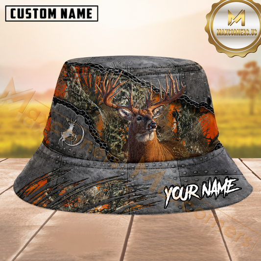 Maxcorners Whitetail Deer Hunting Orange Woodland Camo Gunmetal Personalized Name 3D Bucket Hat