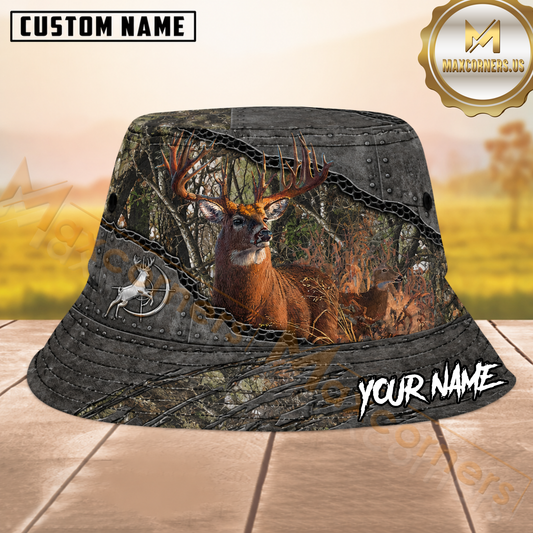 Maxcorners Whitetail Deer Hunting Dark Woodland Camo Metal Texture Personalized Name 3D Bucket Hat