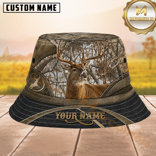 Maxcorners Whitetail Deer Hunting Woodland Camo Black Carbon Fiber Personalized Name 3D Bucket Hat