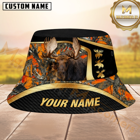Maxcorners Bull Moose Hunting Blaze Orange Black Camo Personalized Name 3D Bucket Hat