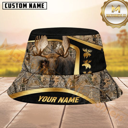 Maxcorners Moose Hunting Black Woodland Camo Personalized Name 3D Bucket Hat