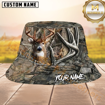 Maxcorners Whitetail Deer Hunting Woodland Camo Personalized Name 3D Bucket Hat