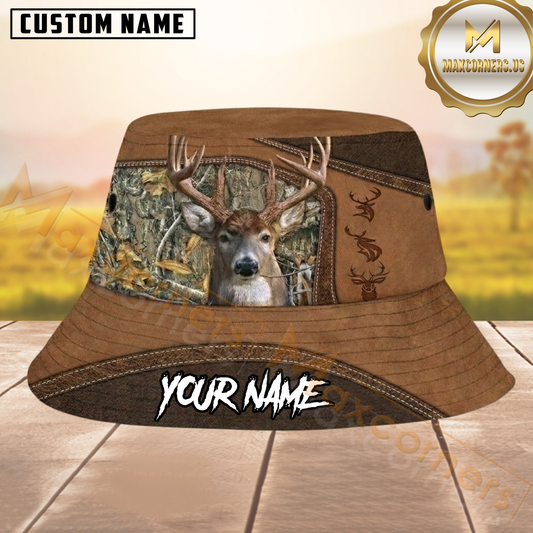 Maxcorners Deer Hunting Brown Leather Camo Personalized Name 3D Bucket Hat