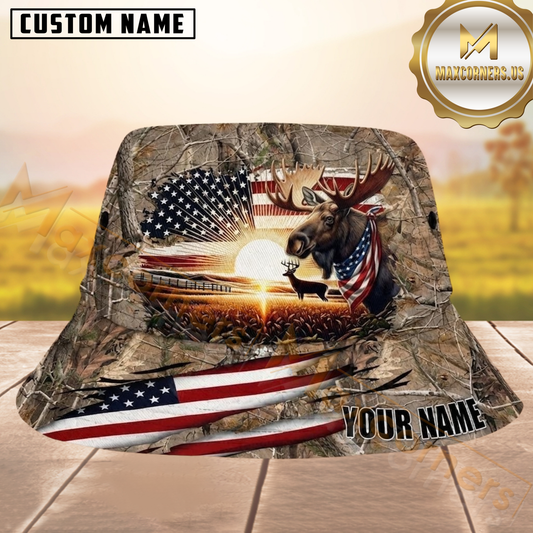 Maxcorners Moose Hunting Patriotic Camo Sunrise Personalized Name 3D Bucket Hat