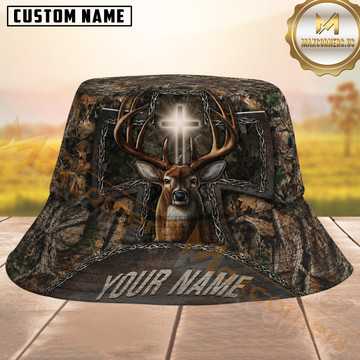 Maxcorners Buck Hunting Woodland Camo Christian Cross Barbed Wire Personalized Name 3D Bucket Hat