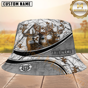 Maxcorners Deer Hunting Snow Camo and Grey Diagonal Personalized Name 3D Bucket Hat