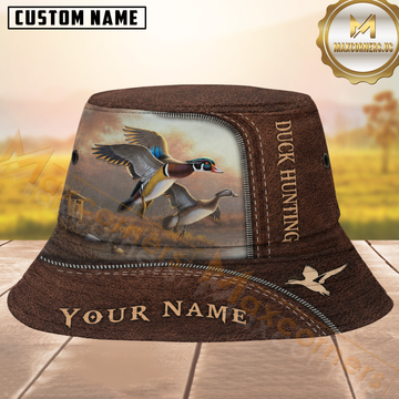 Maxcorners Duck Hunting Brown Leather Zipper Reveal Wetland Scene Personalized Name 3D Bucket Hat