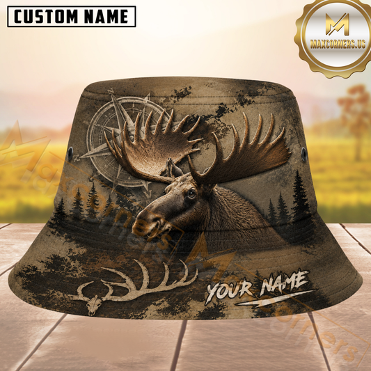 Maxcorners Moose Hunting Rustic Brown Forest Compass Personalized Name 3D Bucket Hat