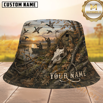 Maxcorners Deer Hunting Rustic Autumn Marsh Duck Scene Earthy Brown Personalized Name 3D Bucket Hat