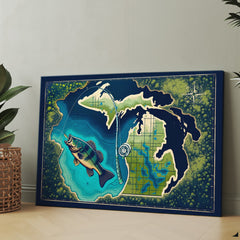 Maxcorners Michigan map fish art bass fishing art canvas for bass fisherman LM0101