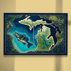 Maxcorners Michigan map fish art bass fishing art canvas for bass fisherman LM0101