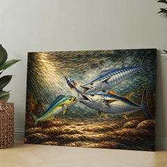 Maxcorners Underwater Battle for the Lure Fish Art – Mahi Mahi, Wahoo & Bluefin Tuna Painting Matte Canvas LM0101
