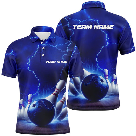 MaxCorners Blue Thunder Lightning Customized Name 3D And Team Name Bowlings Polo Shirt For Men