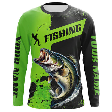 Maxcorners Custom Bass Fishing Long Sleeve Tournament Shirts, Largemouth Bass Fishing Jerseys | Black And Green LM0201