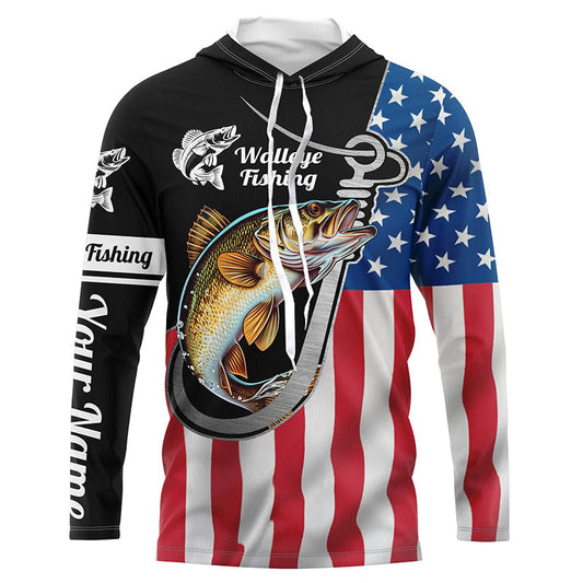 Maxcorners Walleye Fishing American Flag Fish Hook Custom Long Sleeve Tournament Fishing Shirts LM0501