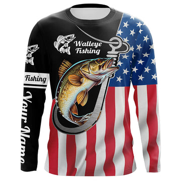 Maxcorners Walleye Fishing American Flag Fish Hook Custom Long Sleeve Tournament Fishing Shirts LM0501